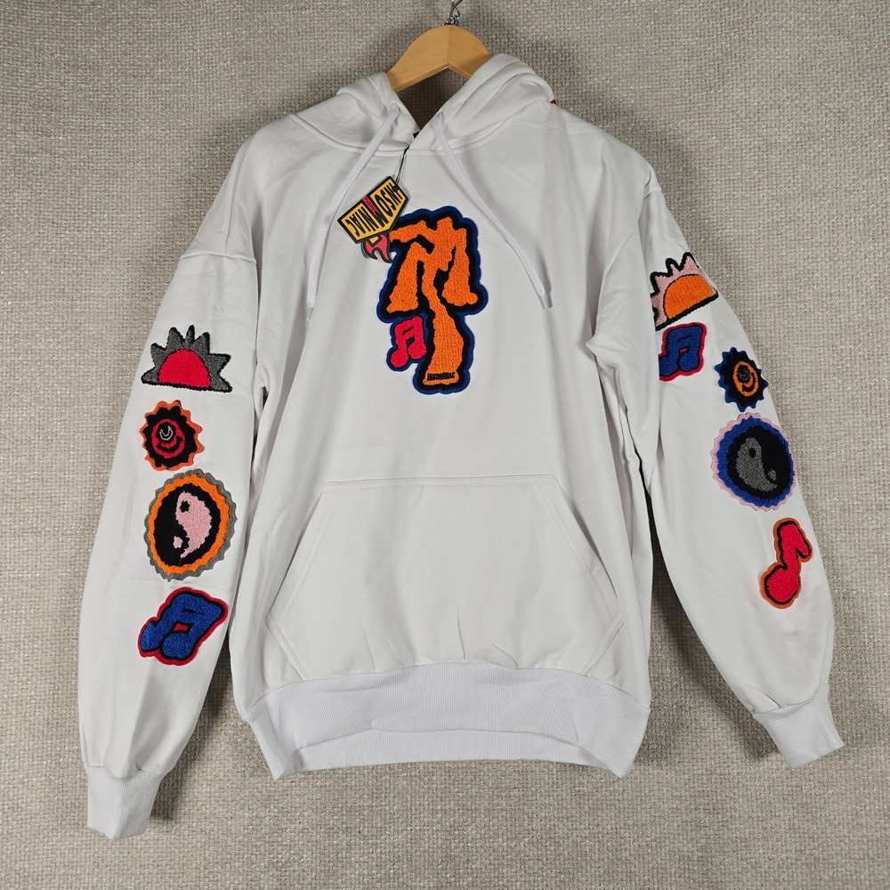 Insomniac Welcome White Cotton Chenille Patch Graphic Hoodie Mens Medium NEW